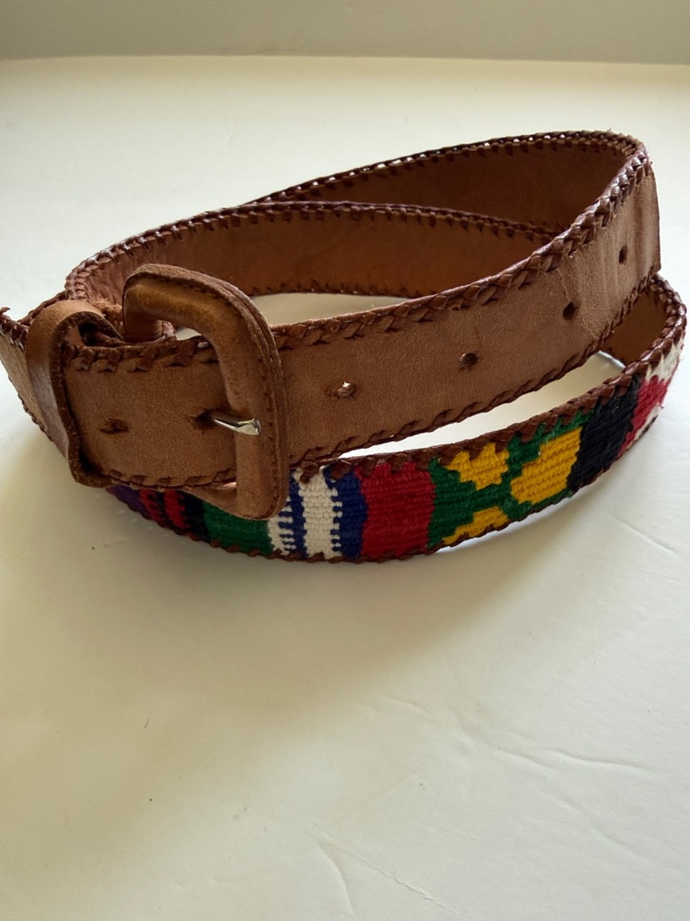 Vintage Boho Woven Belt Leather Artisan Southwestern Serape Size 36